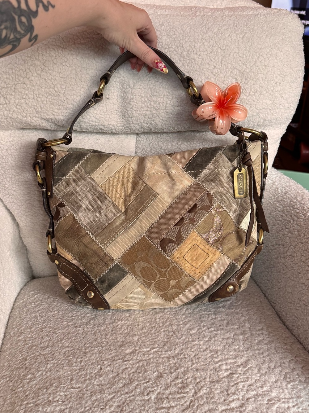 Coach Carly Patchwork Suede Shoulder Bag in Beige and Brown